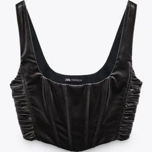 ZARA Dark Gray Velvet Gathered Corset Crop Top NEW